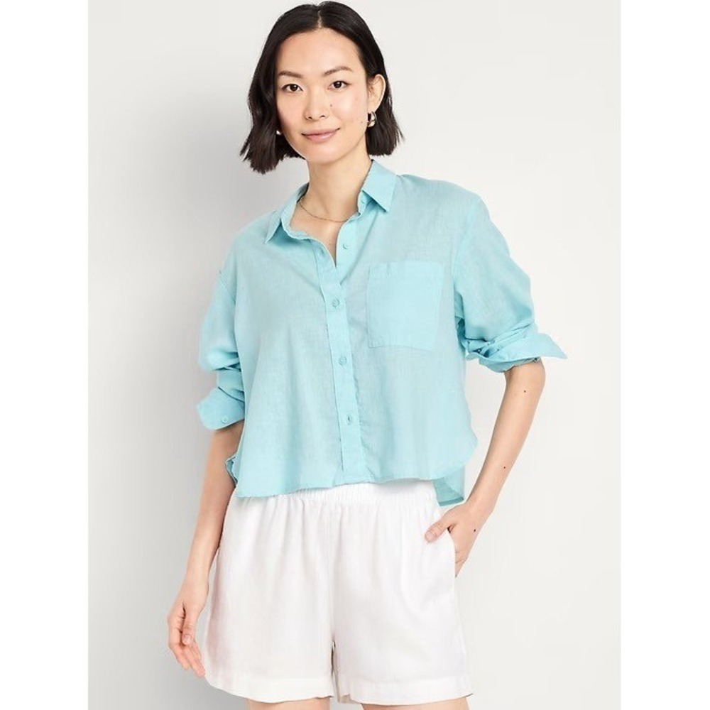 Old Navy Linen‎ Blend Button Up Shirt Aqua Blue Cropped Long Sleeve Top L NWT
